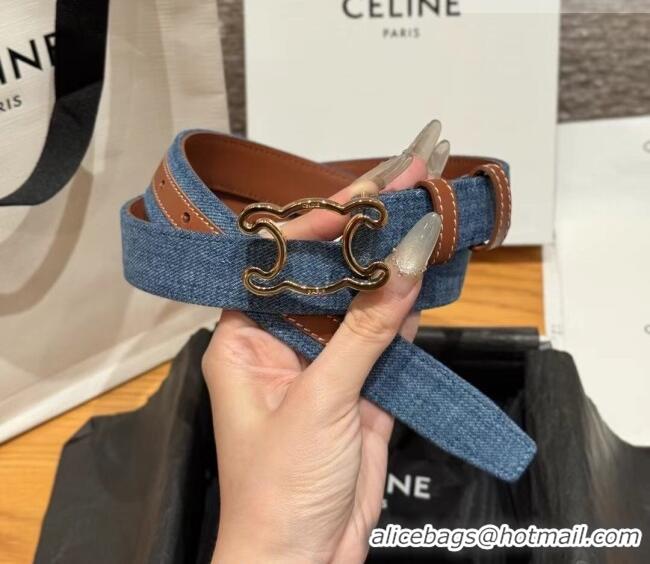 Super Quality Celine Denim and Leather Belt 2.5cm with Cutout Triomphe Buckle CE091101 Blue/Brown/Gold 2025
