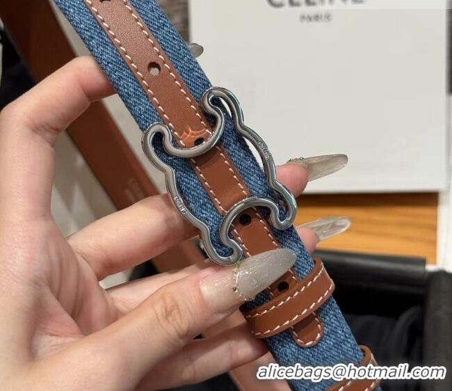 New Design Celine Denim and Leather Belt 2.5cm with Cutout Triomphe Buckle CE091101 Blue/Brown/Silver 2025