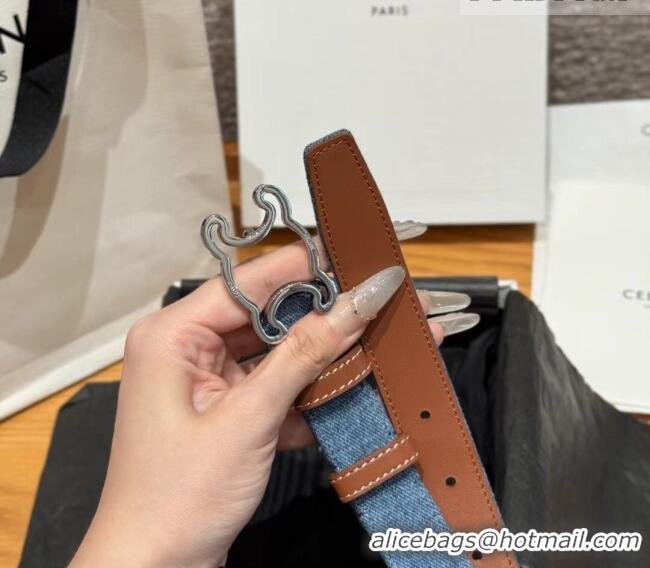 New Design Celine Denim and Leather Belt 2.5cm with Cutout Triomphe Buckle CE091101 Blue/Brown/Silver 2025