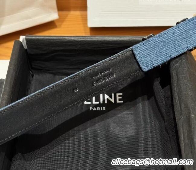 Cheapest Celine Denim and Leather Belt 2.5cm with Cutout Triomphe Buckle CE091101 Blue/Black/Gold 2025