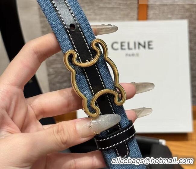 Cheapest Celine Denim and Leather Belt 2.5cm with Cutout Triomphe Buckle CE091101 Blue/Black/Gold 2025