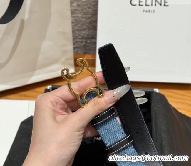 Cheapest Celine Denim and Leather Belt 2.5cm with Cutout Triomphe Buckle CE091101 Blue/Black/Gold 2025