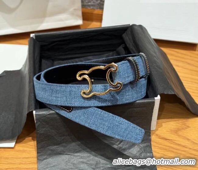 Cheapest Celine Denim and Leather Belt 2.5cm with Cutout Triomphe Buckle CE091101 Blue/Black/Gold 2025