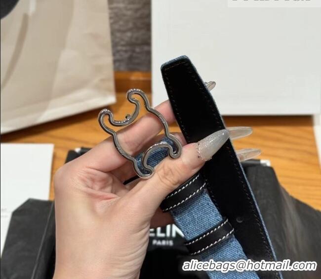 Buy Cheap Celine Denim and Leather Belt 2.5cm with Cutout Triomphe Buckle CE091101 Blue/Black/Silver 2025