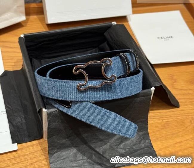 Buy Cheap Celine Denim and Leather Belt 2.5cm with Cutout Triomphe Buckle CE091101 Blue/Black/Silver 2025