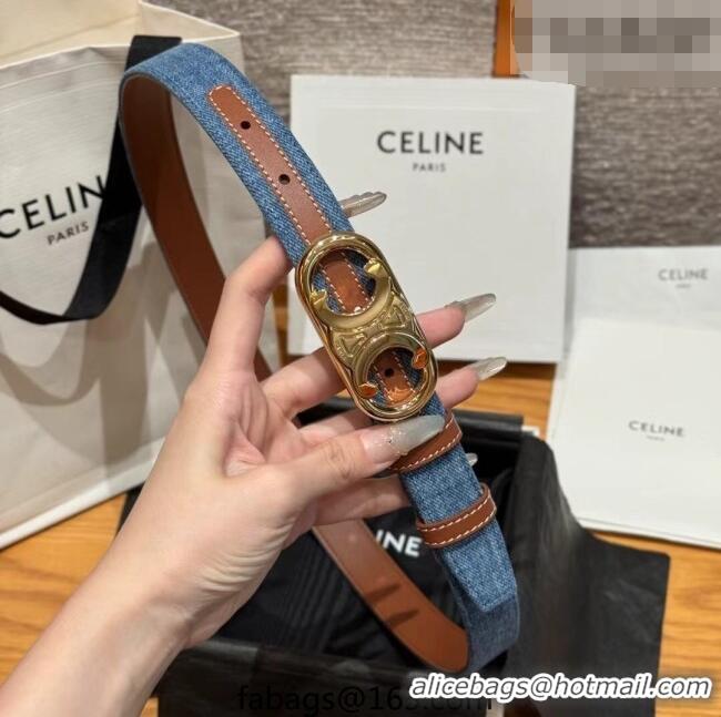 Best Quality Celine Denim and Leather Belt 2.5cm with Circle Triomphe Buckle CE091102 Blue/Brown/Gold 2025