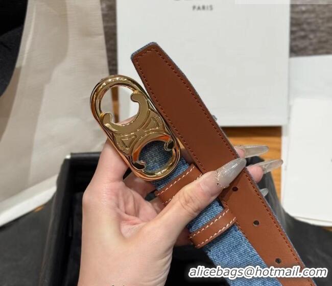 Best Quality Celine Denim and Leather Belt 2.5cm with Circle Triomphe Buckle CE091102 Blue/Brown/Gold 2025