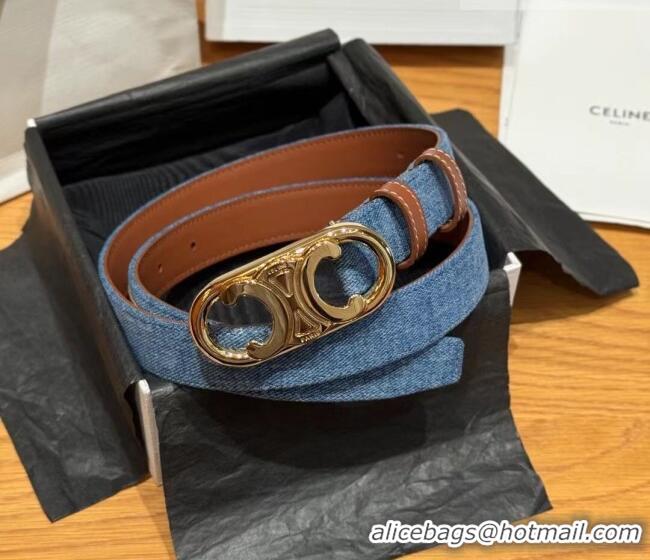 Best Quality Celine Denim and Leather Belt 2.5cm with Circle Triomphe Buckle CE091102 Blue/Brown/Gold 2025