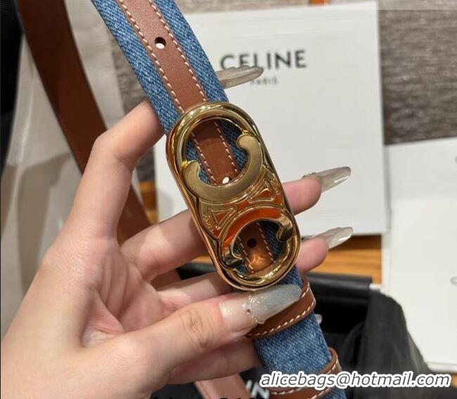 Best Quality Celine Denim and Leather Belt 2.5cm with Circle Triomphe Buckle CE091102 Blue/Brown/Gold 2025