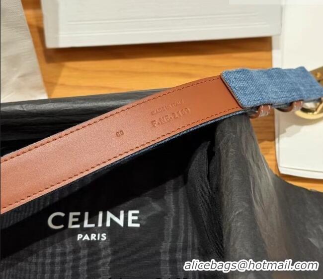 Best Quality Celine Denim and Leather Belt 2.5cm with Circle Triomphe Buckle CE091102 Blue/Brown/Gold 2025