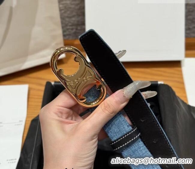Reasonable Price Celine Denim and Leather Belt 2.5cm with Circle Triomphe Buckle CE091101 Blue/Black/Gold 2025