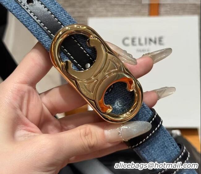 Reasonable Price Celine Denim and Leather Belt 2.5cm with Circle Triomphe Buckle CE091101 Blue/Black/Gold 2025