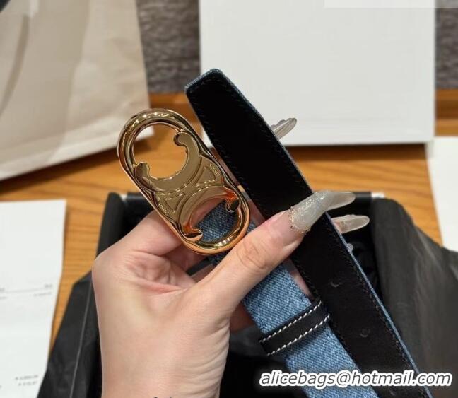 Reasonable Price Celine Denim and Leather Belt 2.5cm with Circle Triomphe Buckle CE091101 Blue/Black/Gold 2025