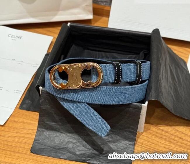 Reasonable Price Celine Denim and Leather Belt 2.5cm with Circle Triomphe Buckle CE091101 Blue/Black/Gold 2025