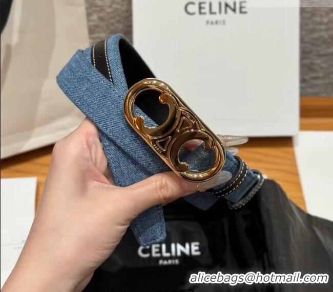 Reasonable Price Celine Denim and Leather Belt 2.5cm with Circle Triomphe Buckle CE091101 Blue/Black/Gold 2025