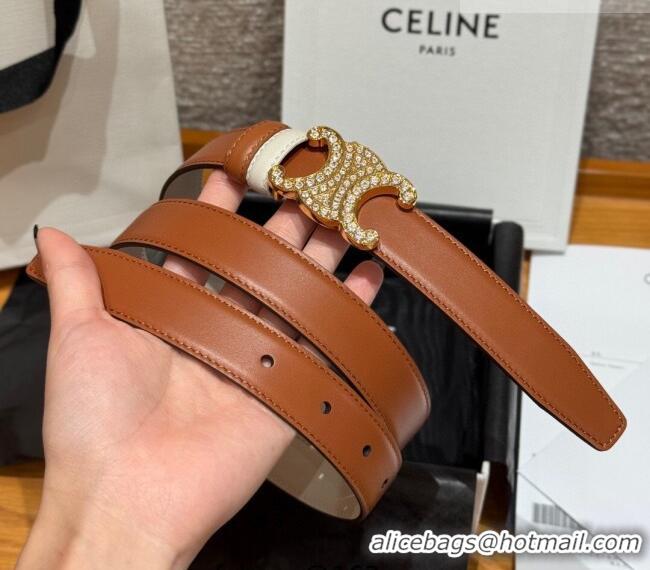Stylish Discount Celine Triomphe Calfskin Leather Belt 2.5cm with Strass CE091104 Brown/White 2025