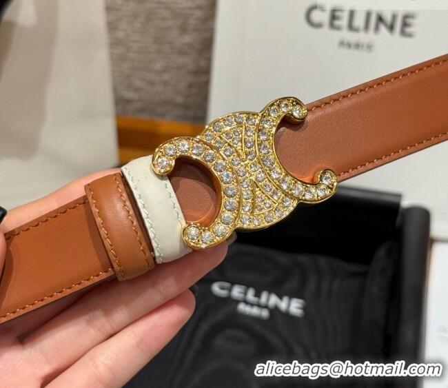 Stylish Discount Celine Triomphe Calfskin Leather Belt 2.5cm with Strass CE091104 Brown/White 2025
