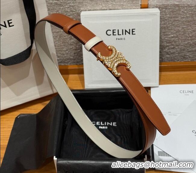 Stylish Discount Celine Triomphe Calfskin Leather Belt 2.5cm with Strass CE091104 Brown/White 2025