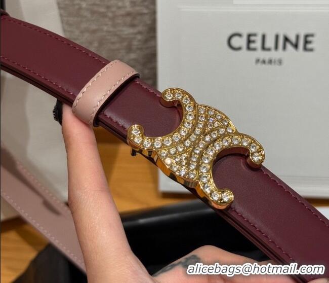 Well Crafted Celine Triomphe Calfskin Leather Belt 2.5cm with Strass CE091104 Burgundy/Pink 2025