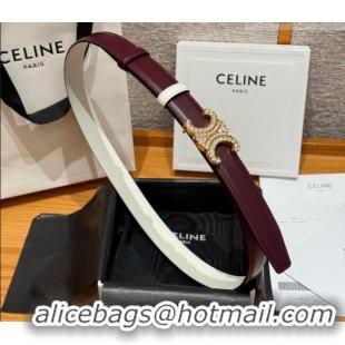Top Quality Celine Triomphe Calfskin Leather Belt 2.5cm with Strass CE091104 Burgundy/White 2025