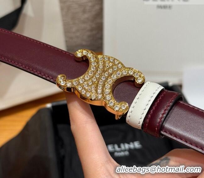 Top Quality Celine Triomphe Calfskin Leather Belt 2.5cm with Strass CE091104 Burgundy/White 2025