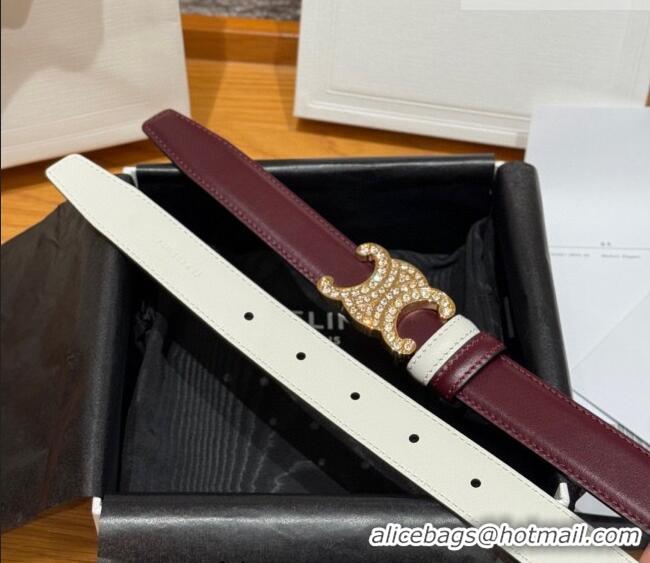 Top Quality Celine Triomphe Calfskin Leather Belt 2.5cm with Strass CE091104 Burgundy/White 2025