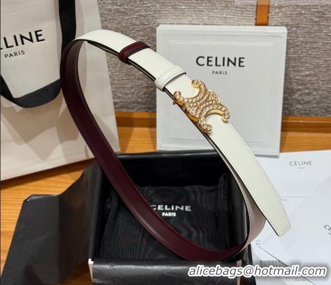 Top Quality Celine Triomphe Calfskin Leather Belt 2.5cm with Strass CE091104 Burgundy/White 2025