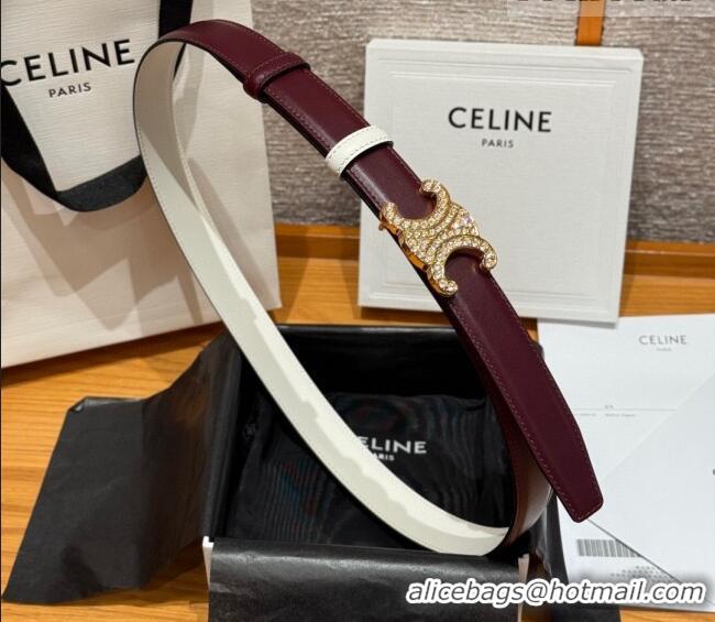 Top Quality Celine Triomphe Calfskin Leather Belt 2.5cm with Strass CE091104 Burgundy/White 2025