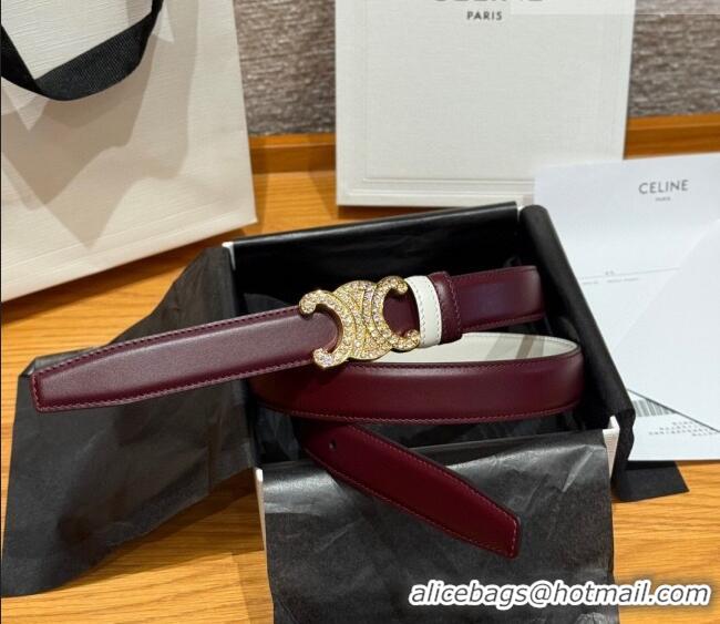 Top Quality Celine Triomphe Calfskin Leather Belt 2.5cm with Strass CE091104 Burgundy/White 2025