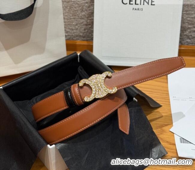 Famous Brand Celine Triomphe Calfskin Leather Belt 2.5cm with Strass CE091104 Brown/Black 2025