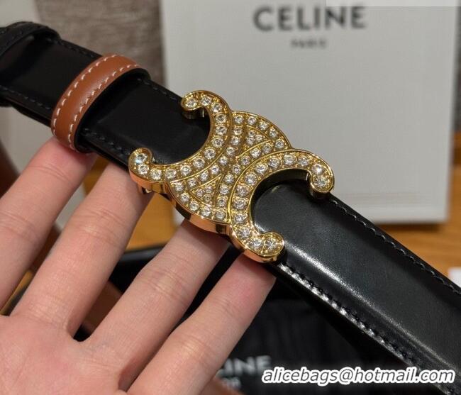 Famous Brand Celine Triomphe Calfskin Leather Belt 2.5cm with Strass CE091104 Brown/Black 2025