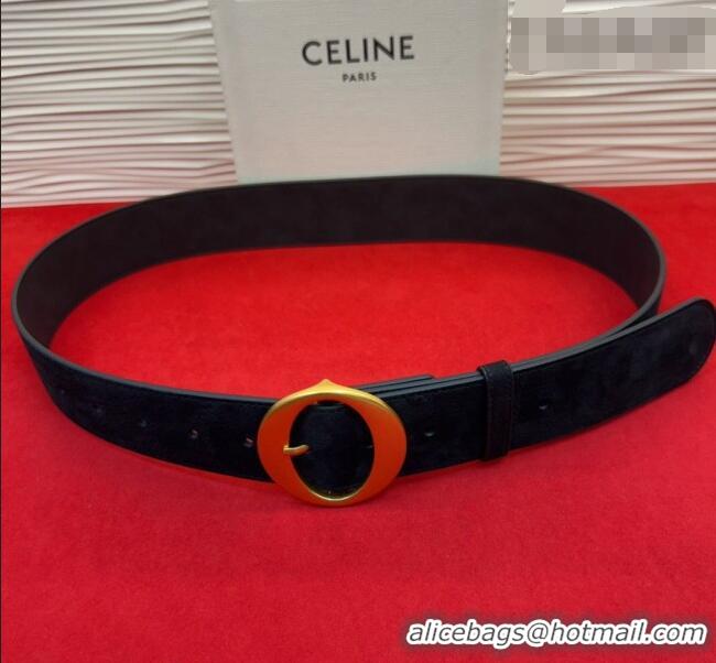 Good Product Celine Twin Triomphe Belt 4.5x105cm with Round Buckle in Suede 6018 Black 2026