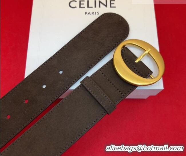 Best Product Celine Twin Triomphe Belt 4.5x105cm with Round Buckle in Suede 6018 Dark Brown 2026