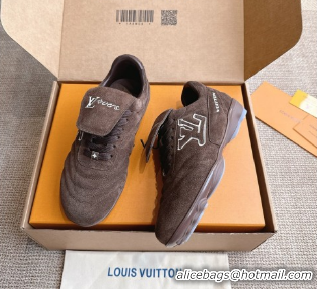 Unique Discount Louis Vuitton LV Footprint Soccer Sneakers in Suede Chocolate Brown 2025 0303104