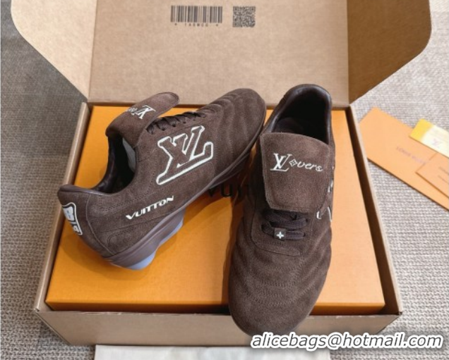 Unique Discount Louis Vuitton LV Footprint Soccer Sneakers in Suede Chocolate Brown 2025 0303104