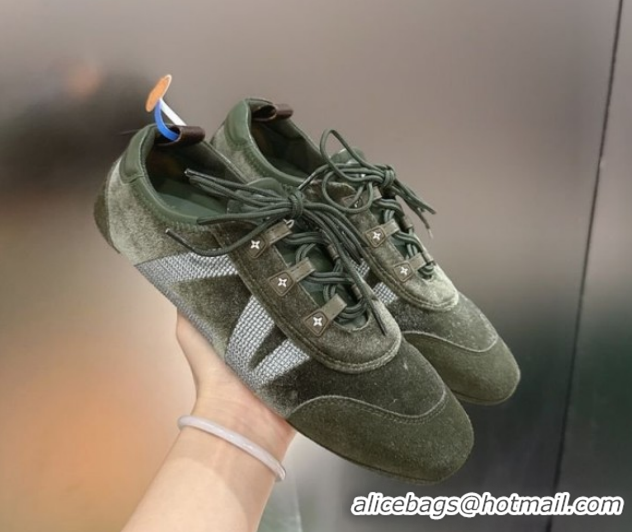 Duplicate Louis Vuitton LV Sneakerina Sneakers in Velvet with Silver-Tone LV Initials Green 2026 0303107