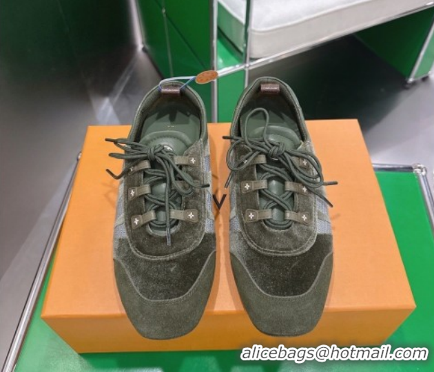 Duplicate Louis Vuitton LV Sneakerina Sneakers in Velvet with Silver-Tone LV Initials Green 2026 0303107