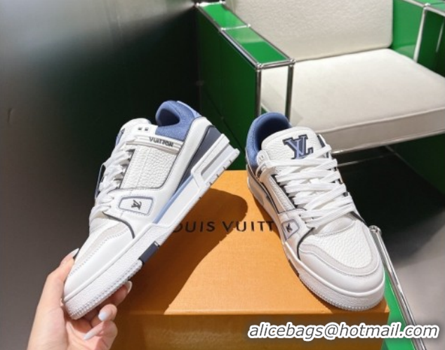 Fashion Louis Vuitton Men's LV Trainer Sneakers in Calfskin Leather White/Blue 2026 0303108