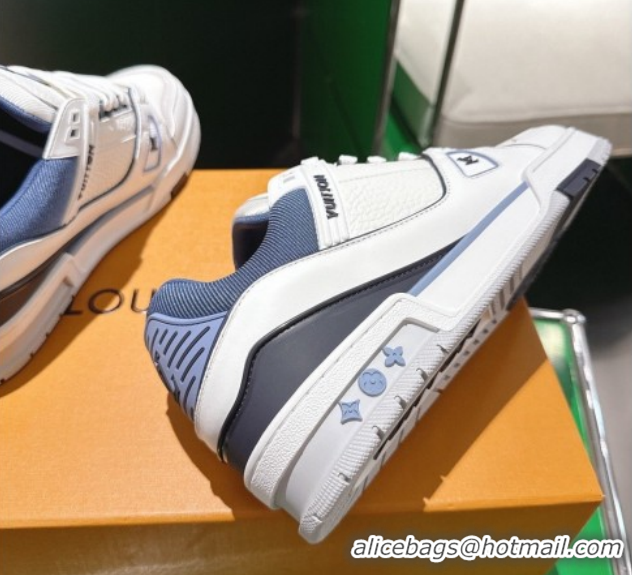 Fashion Louis Vuitton Men's LV Trainer Sneakers in Calfskin Leather White/Blue 2026 0303108