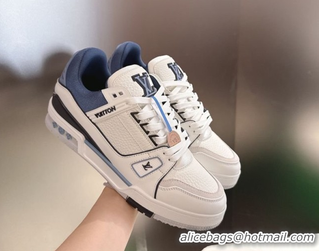 Fashion Louis Vuitton Men's LV Trainer Sneakers in Calfskin Leather White/Blue 2026 0303108