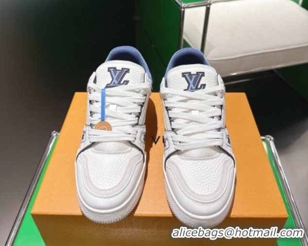 Fashion Louis Vuitton Men's LV Trainer Sneakers in Calfskin Leather White/Blue 2026 0303108