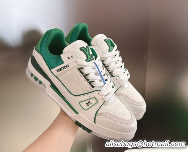 Classic Hot Louis Vuitton Men's LV Trainer Sneakers in Calfskin Leather White/Green 2026 0303110