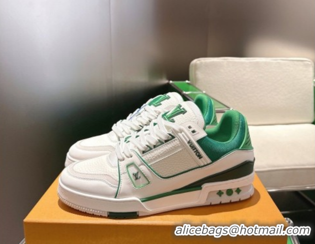 Classic Hot Louis Vuitton Men's LV Trainer Sneakers in Calfskin Leather White/Green 2026 0303110