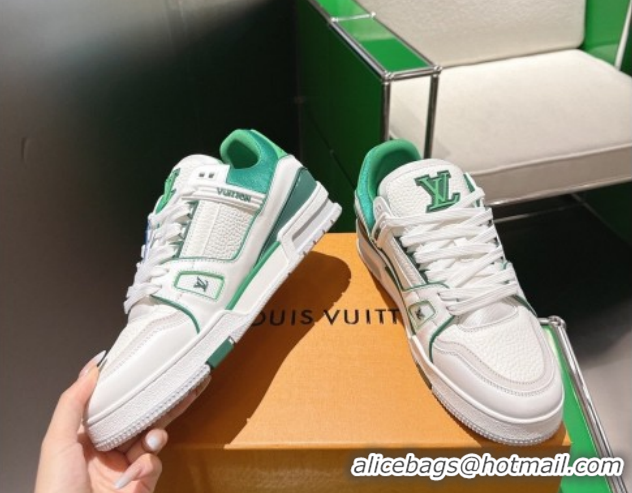 Classic Hot Louis Vuitton Men's LV Trainer Sneakers in Calfskin Leather White/Green 2026 0303110