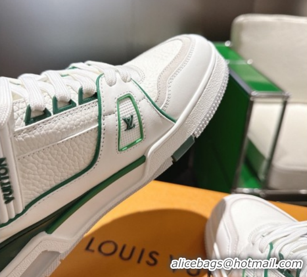 Classic Hot Louis Vuitton Men's LV Trainer Sneakers in Calfskin Leather White/Green 2026 0303110