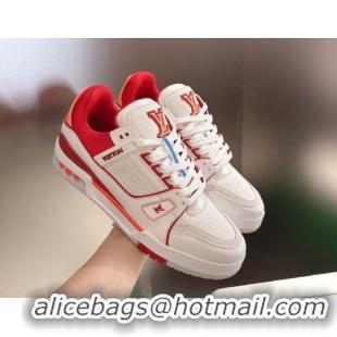 Hot Style Louis Vuitton Men's LV Trainer Sneakers in Calfskin Leather White/Red 2026 0303111