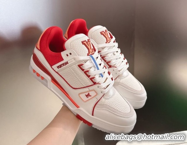 Hot Style Louis Vuitton Men's LV Trainer Sneakers in Calfskin Leather White/Red 2026 0303111
