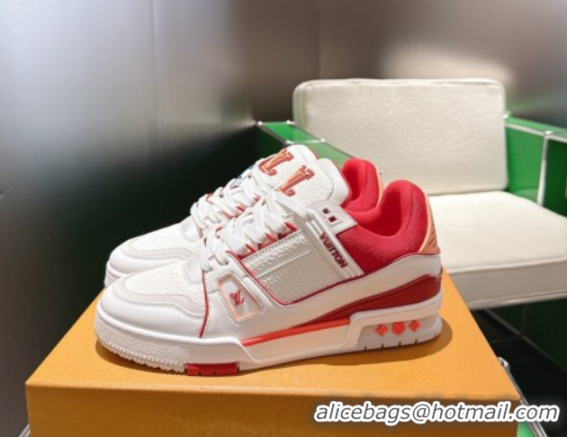 Hot Style Louis Vuitton Men's LV Trainer Sneakers in Calfskin Leather White/Red 2026 0303111