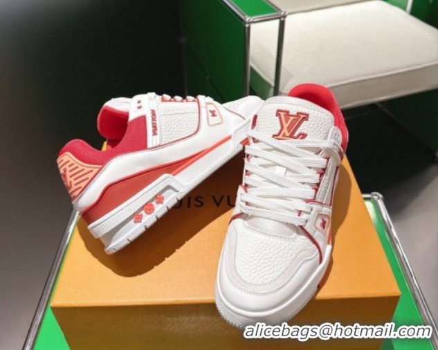 Hot Style Louis Vuitton Men's LV Trainer Sneakers in Calfskin Leather White/Red 2026 0303111
