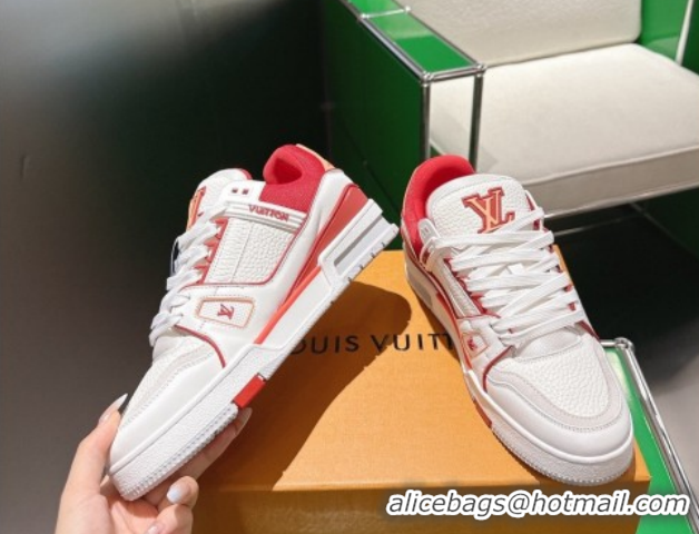 Hot Style Louis Vuitton Men's LV Trainer Sneakers in Calfskin Leather White/Red 2026 0303111